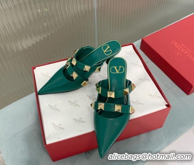 Buy Luxury Valentino Roman Stud Calfskin Heel Mules 6.5cm with Straps Green 429113