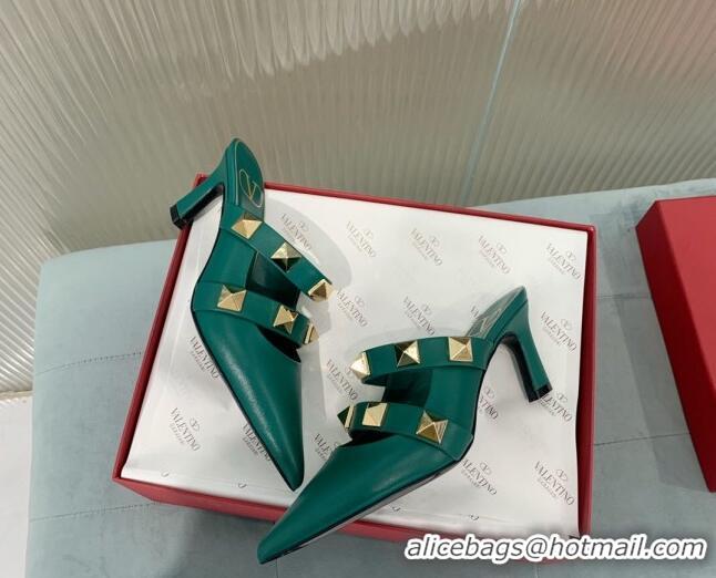 Buy Luxury Valentino Roman Stud Calfskin Heel Mules 6.5cm with Straps Green 429113