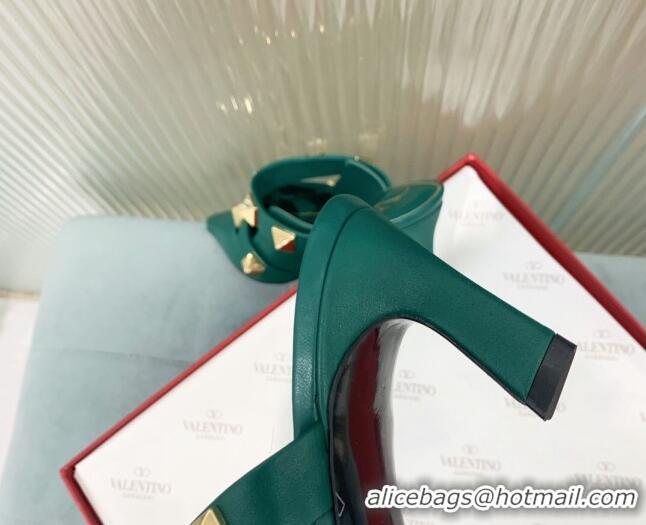 Buy Luxury Valentino Roman Stud Calfskin Heel Mules 6.5cm with Straps Green 429113