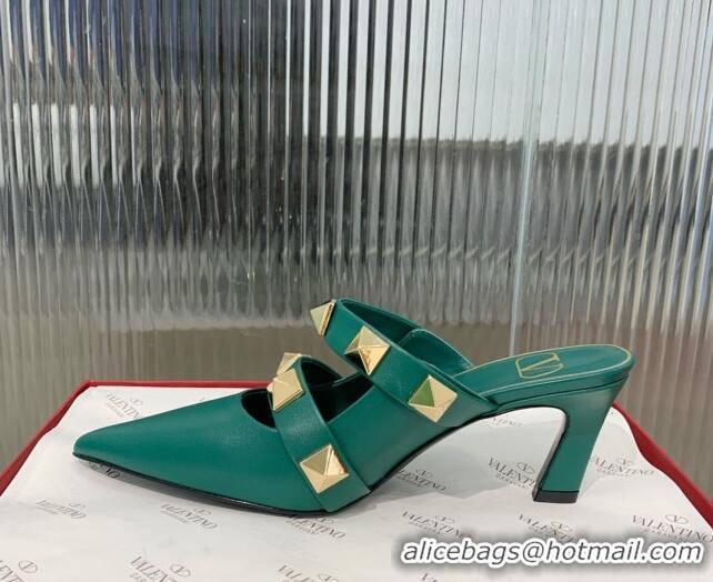 Buy Luxury Valentino Roman Stud Calfskin Heel Mules 6.5cm with Straps Green 429113