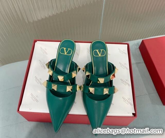 Buy Luxury Valentino Roman Stud Calfskin Heel Mules 6.5cm with Straps Green 429113