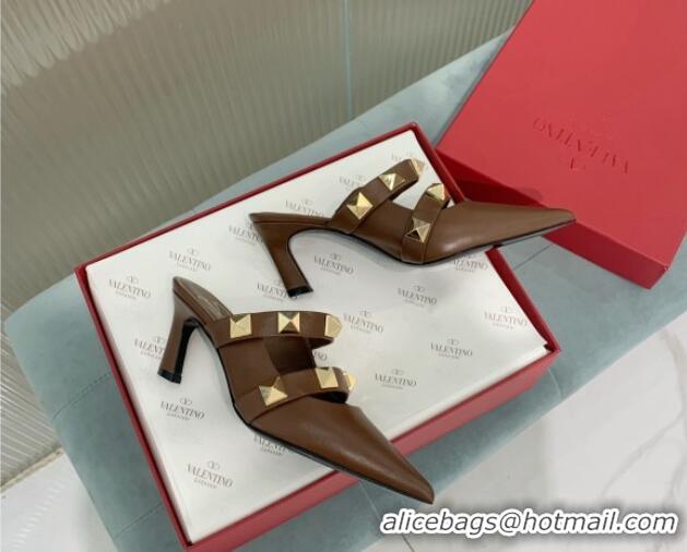 Most Popular Valentino Roman Stud Calfskin Heel Mules 6.5cm with Straps Brown 429114