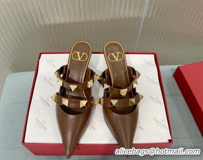 Most Popular Valentino Roman Stud Calfskin Heel Mules 6.5cm with Straps Brown 429114