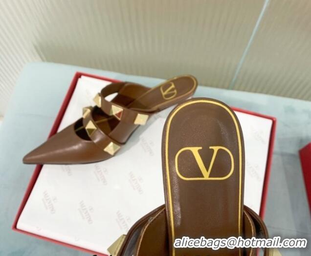 Most Popular Valentino Roman Stud Calfskin Heel Mules 6.5cm with Straps Brown 429114