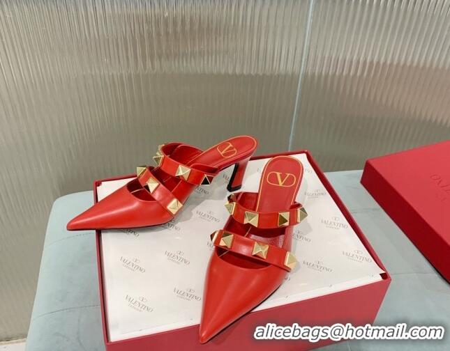 Top Grade Valentino Roman Stud Calfskin Heel Mules 6.5cm with Straps Red 429115