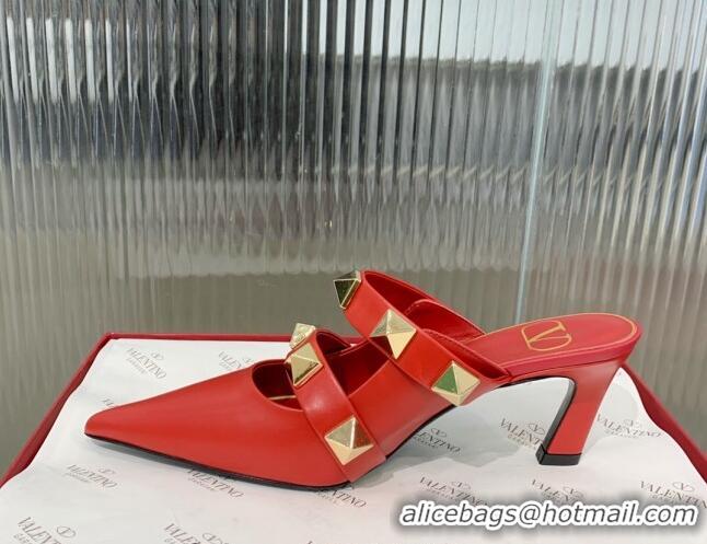 Top Grade Valentino Roman Stud Calfskin Heel Mules 6.5cm with Straps Red 429115