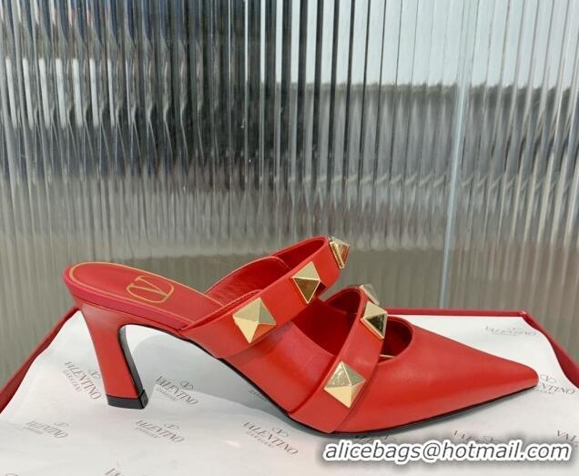 Top Grade Valentino Roman Stud Calfskin Heel Mules 6.5cm with Straps Red 429115