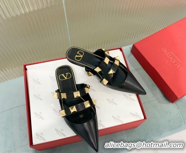 Unique Style Valentino Roman Stud Calfskin Flat Mules with Straps Black 429116