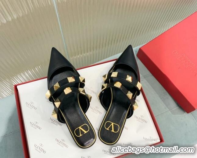 Unique Style Valentino Roman Stud Calfskin Flat Mules with Straps Black 429116