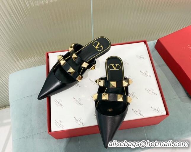 Unique Style Valentino Roman Stud Calfskin Flat Mules with Straps Black 429116