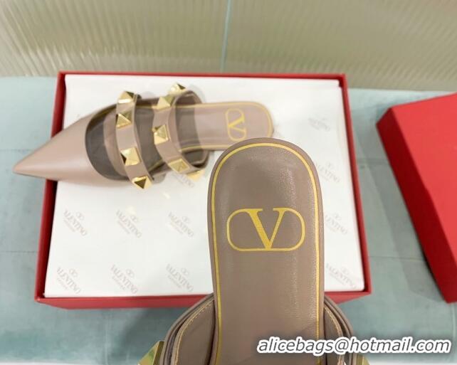 Stylish Valentino Roman Stud Calfskin Flat Mules with Straps Beige 429118