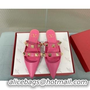 Good Looking Valentino Roman Stud Calfskin Flat Mules with Straps Pink 429119