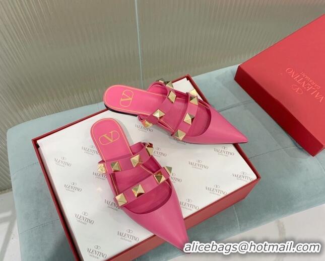 Good Looking Valentino Roman Stud Calfskin Flat Mules with Straps Pink 429119