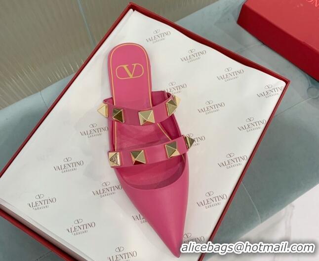 Good Looking Valentino Roman Stud Calfskin Flat Mules with Straps Pink 429119