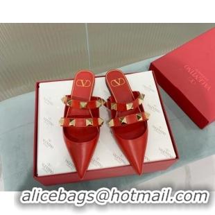 Good Quality Valentino Roman Stud Calfskin Flat Mules with Straps Red 429123