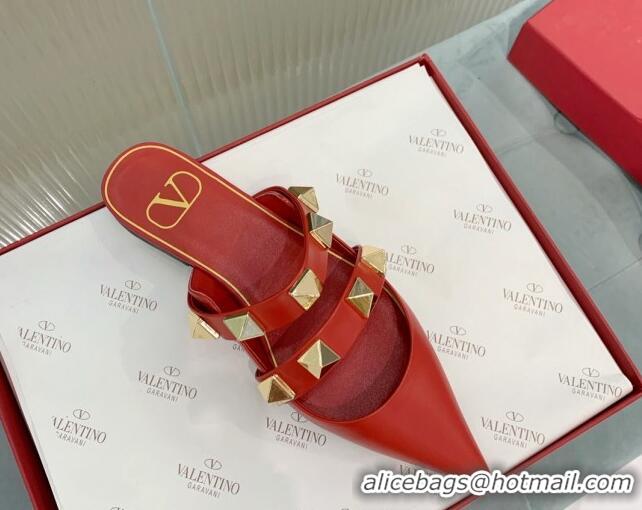 Good Quality Valentino Roman Stud Calfskin Flat Mules with Straps Red 429123