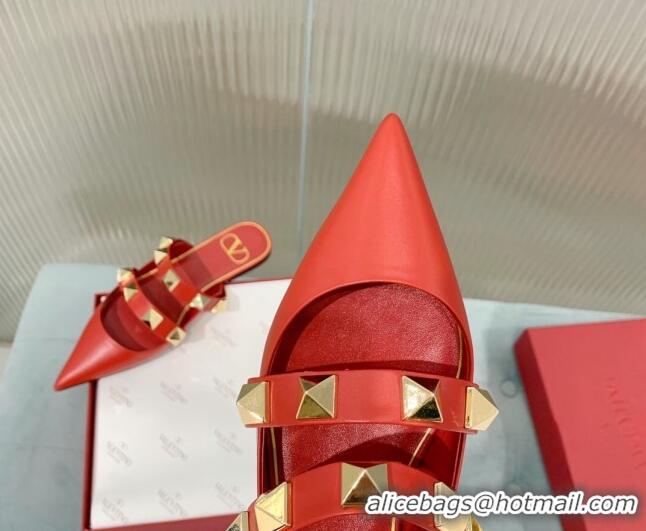 Good Quality Valentino Roman Stud Calfskin Flat Mules with Straps Red 429123