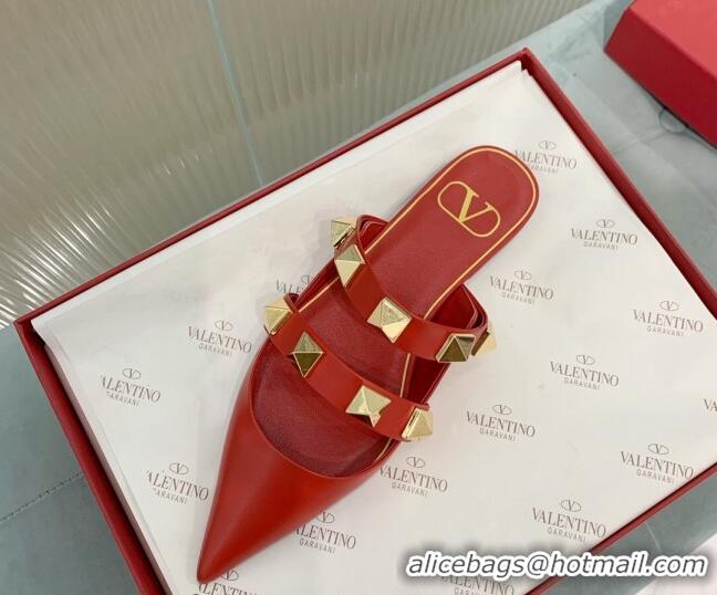 Good Quality Valentino Roman Stud Calfskin Flat Mules with Straps Red 429123