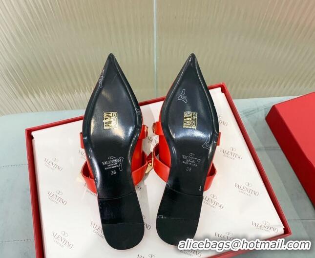 Good Quality Valentino Roman Stud Calfskin Flat Mules with Straps Red 429123