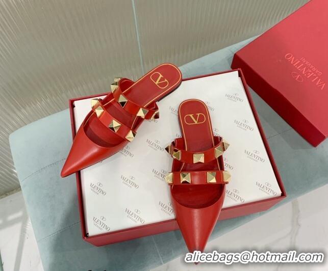 Good Quality Valentino Roman Stud Calfskin Flat Mules with Straps Red 429123