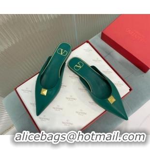 Luxury Cheap Valentino One Stud Calfskin Flat Mules Green 429129