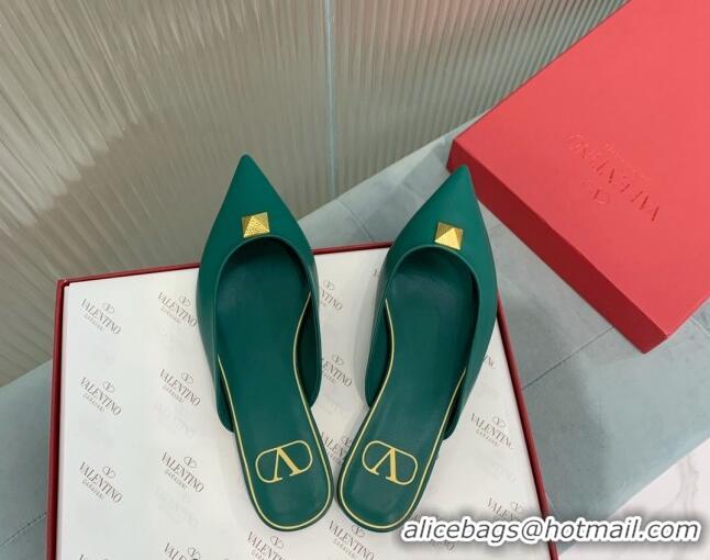 Luxury Cheap Valentino One Stud Calfskin Flat Mules Green 429129