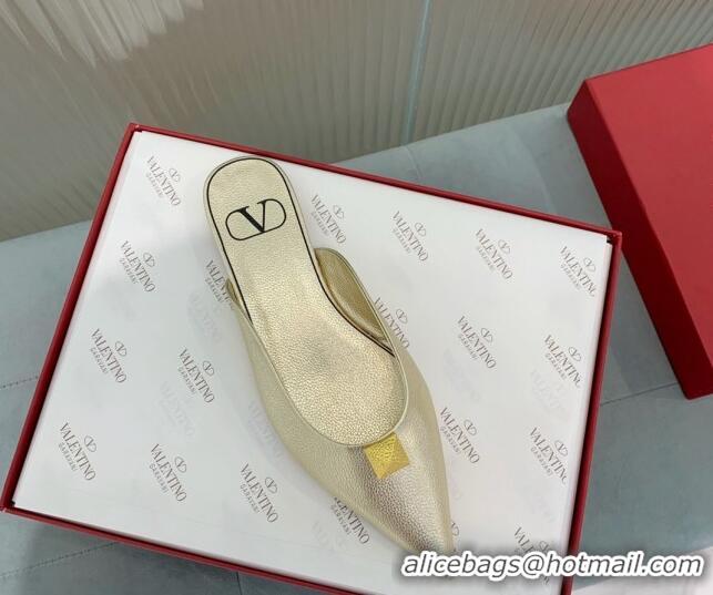 Most Popular Valentino One Stud Calfskin Flat Mules Light Gold 429132