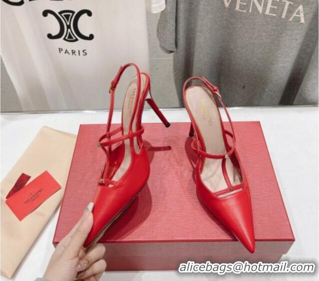 Cheap Price Valentino Rockstud Wispy Calfskin Leather Slingback Pumps 9cm Red 429134