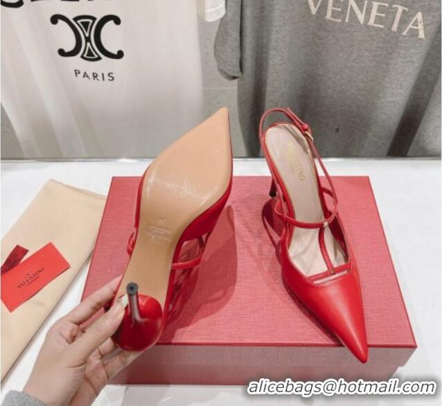 Cheap Price Valentino Rockstud Wispy Calfskin Leather Slingback Pumps 9cm Red 429134