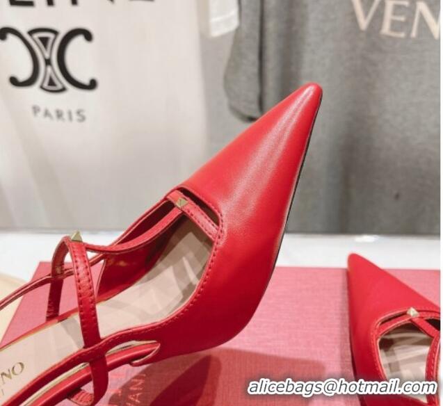 Cheap Price Valentino Rockstud Wispy Calfskin Leather Slingback Pumps 9cm Red 429134