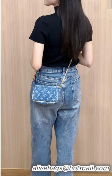 Original Cheap Louis Vuitton Mini Pochette Accessoires Bag On Chain 0513 Blue Denim 2024