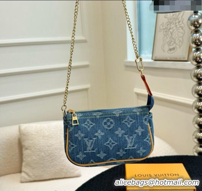 Original Cheap Louis Vuitton Mini Pochette Accessoires Bag On Chain 0513 Blue Denim 2024