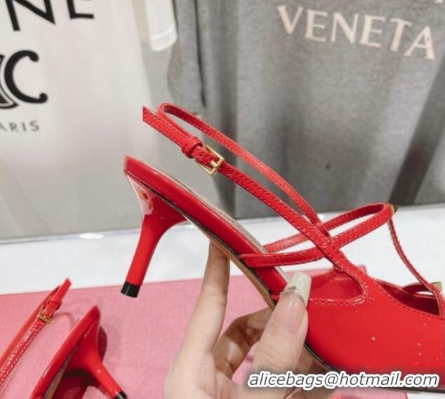 Good Quality Valentino Rockstud Wispy Patent Calfskin Slingback Pumps 6cm Red 429138