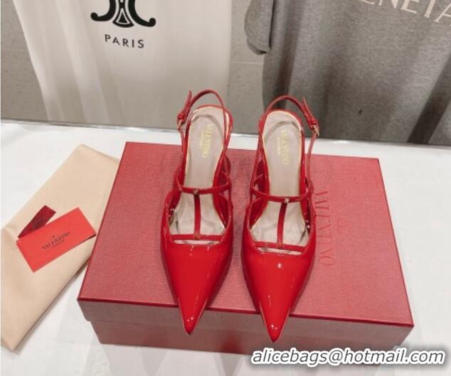 Good Quality Valentino Rockstud Wispy Patent Calfskin Slingback Pumps 6cm Red 429138