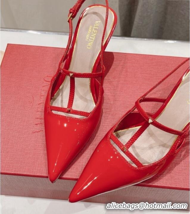 Good Quality Valentino Rockstud Wispy Patent Calfskin Slingback Pumps 6cm Red 429138