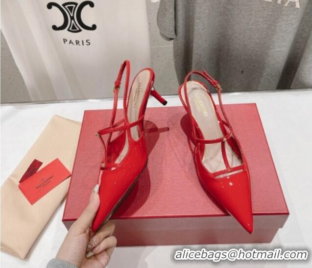 Good Quality Valentino Rockstud Wispy Patent Calfskin Slingback Pumps 6cm Red 429138