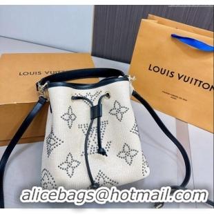 New Design Louis Vuitton NeoNoe Straw Bucket Bag in Monogram Studs 0513 White/Black 2024