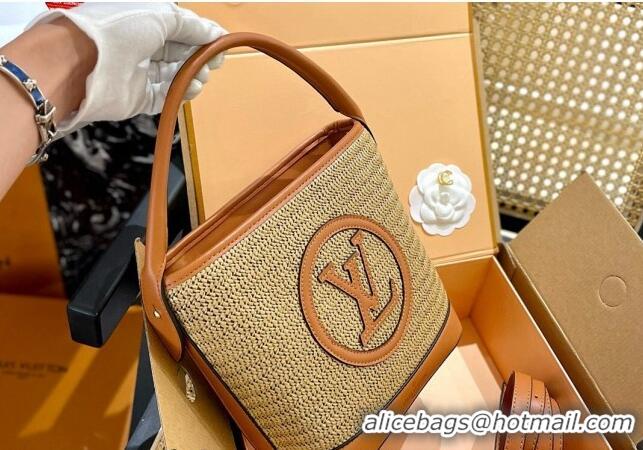 Luxury Discount Louis Vuitton Straw Bucket bag 0513 Khaki/Light Brown 2024