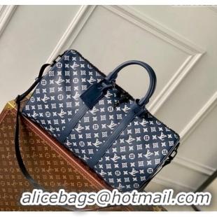 Grade Quality Louis Vuitton Keepall Bandoulière 50 Travel bag in Monogram Shadow Calfskin M24953 Ink Blue/White