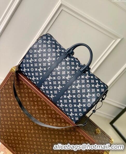 Grade Quality Louis Vuitton Keepall Bandoulière 50 Travel bag in Monogram Shadow Calfskin M24953 Ink Blue/White