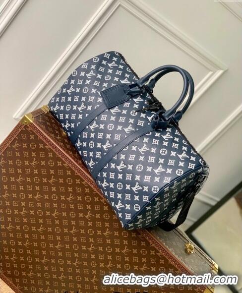 Grade Quality Louis Vuitton Keepall Bandoulière 50 Travel bag in Monogram Shadow Calfskin M24953 Ink Blue/White