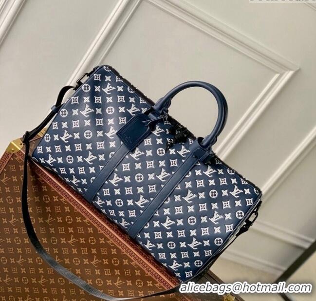 Grade Quality Louis Vuitton Keepall Bandoulière 50 Travel bag in Monogram Shadow Calfskin M24953 Ink Blue/White