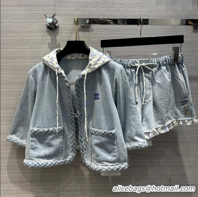 Best Price Chanel Denim Jacket and Shorts CH053101 Blue 2024