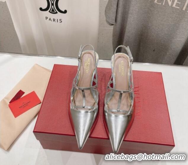 Pretty Style Valentino Rockstud Wispy Calfskin Slingback Pumps 6cm Silver 429139