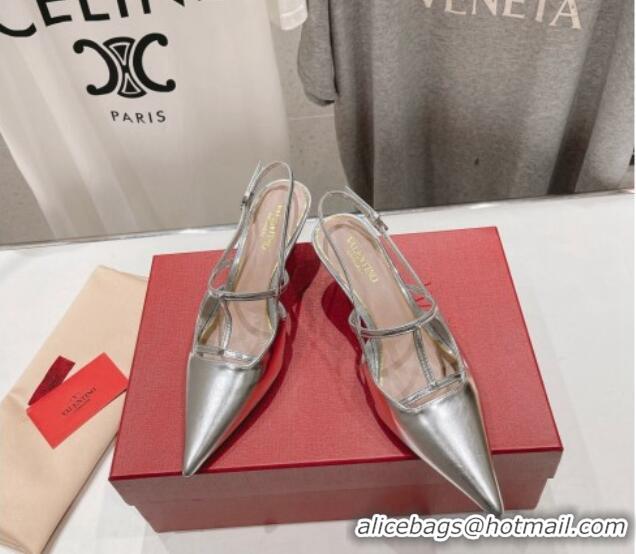 Pretty Style Valentino Rockstud Wispy Calfskin Slingback Pumps 6cm Silver 429139