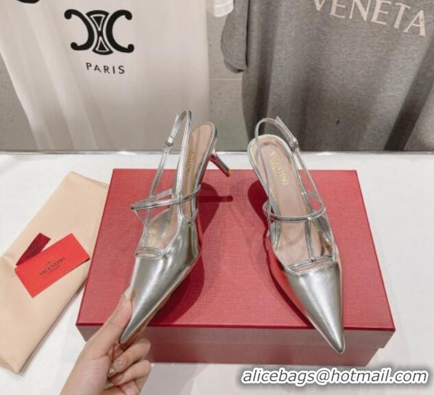 Pretty Style Valentino Rockstud Wispy Calfskin Slingback Pumps 6cm Silver 429139