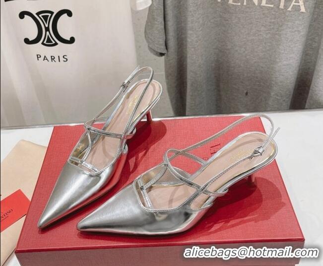 Pretty Style Valentino Rockstud Wispy Calfskin Slingback Pumps 6cm Silver 429139