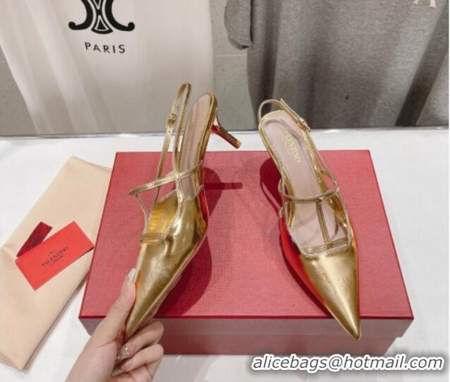 Perfect Valentino Rockstud Wispy Calfskin Slingback Pumps 6cm Gold 429140