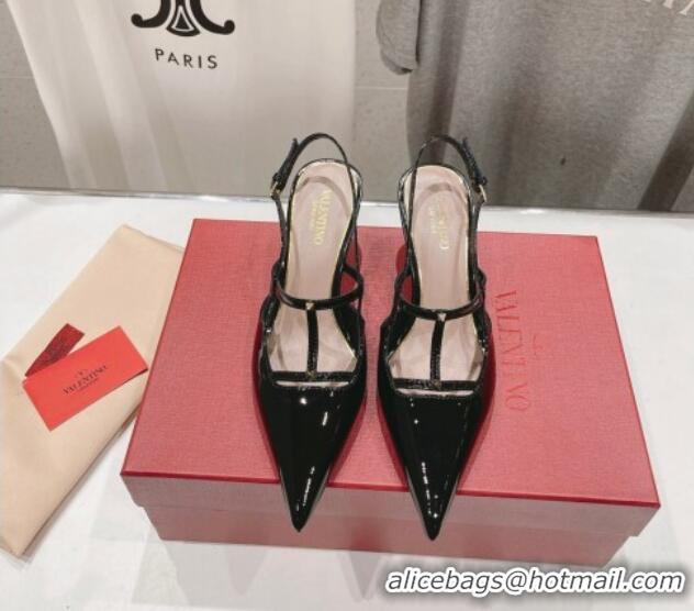 Charming Valentino Rockstud Wispy Patent Calfskin Slingback Pumps 6cm Black 429141