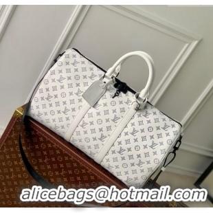 Famous Brand Louis Vuitton Keepall Bandoulière 50 Travel bag in Monogram Shadow Calfskin M24954 White/Navy Blue 2024